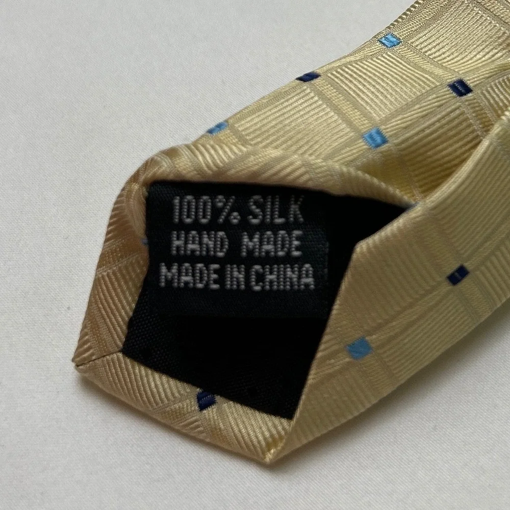 Preswick & Moore Mens Silk Geometric Grid Dobby Necktie OS Gold Navy Blue Formal